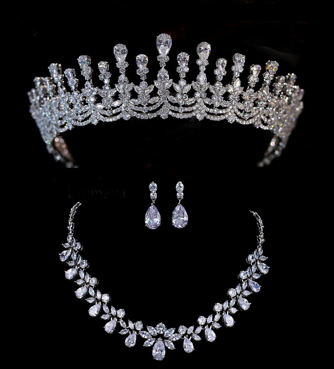 Stunning CZ Wedding and Quinceanera Tiara with Jewelry Set