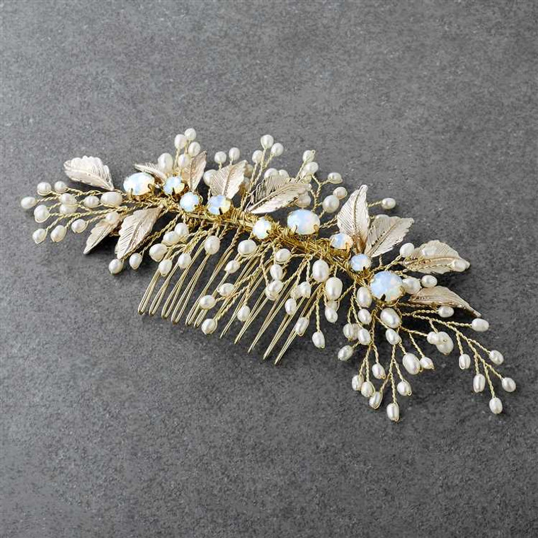 Light Gold Freshwater Pearl and Opal Crystal Wedding Comb