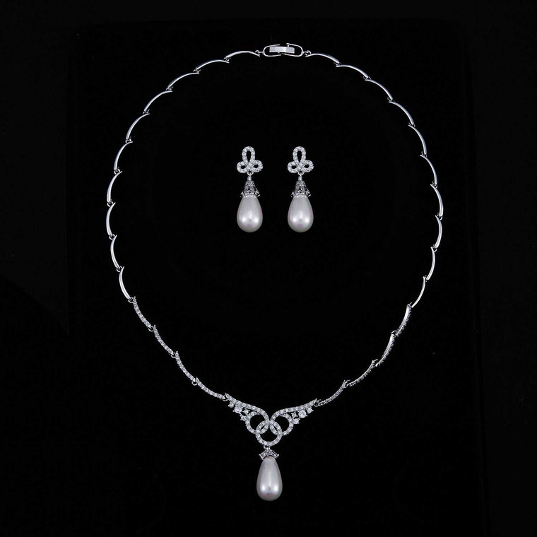 Pearl and CZ Platinum Silver Plated Wedding Jewelry Set