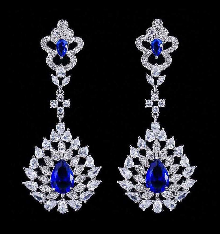 Sapphire Blue CZ Platinum Silver Plated Wedding Earrings- Sale!