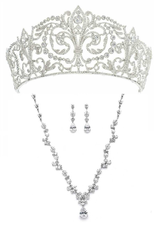 Grand Fleur-de-Lys CZ Royal Replica Wedding Tiara with Jewelry Set