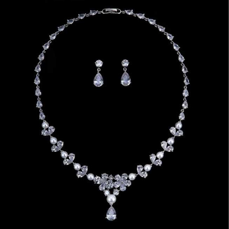 Pearl and 5A CZ Platinum Silver Plated Wedding Jewelry Set