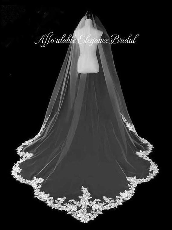 Scalloped Royal Cathedral Wedding Veil with Beaded Floral Lace