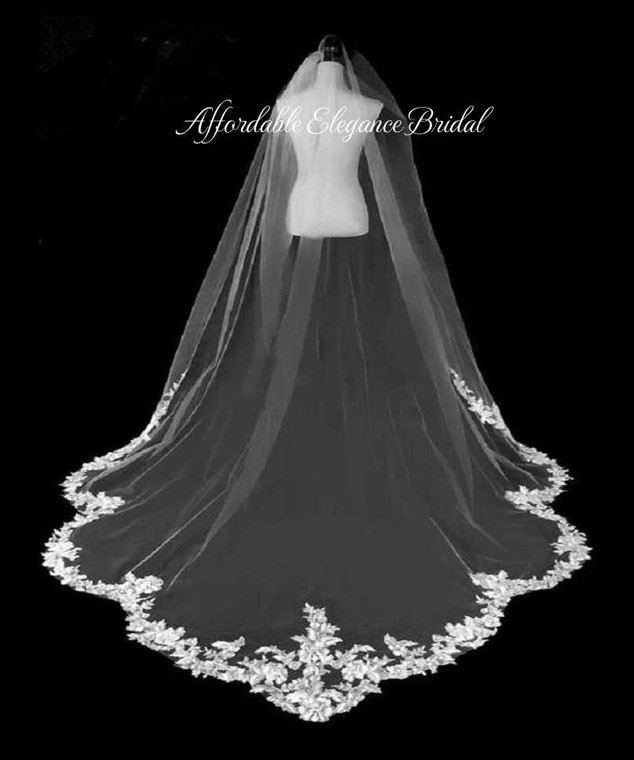Scalloped Regal Cathedral Wedding Veil with Beaded Lace V3252RRX