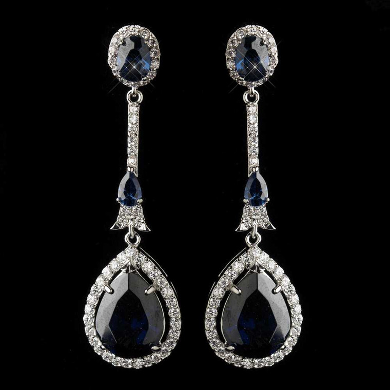 Sapphire Blue CZ Drop Wedding and Formal Earrings in Antique Silver