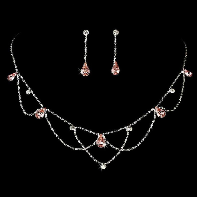 Pink Crystal Teardrop Wedding or Prom Jewelry Set