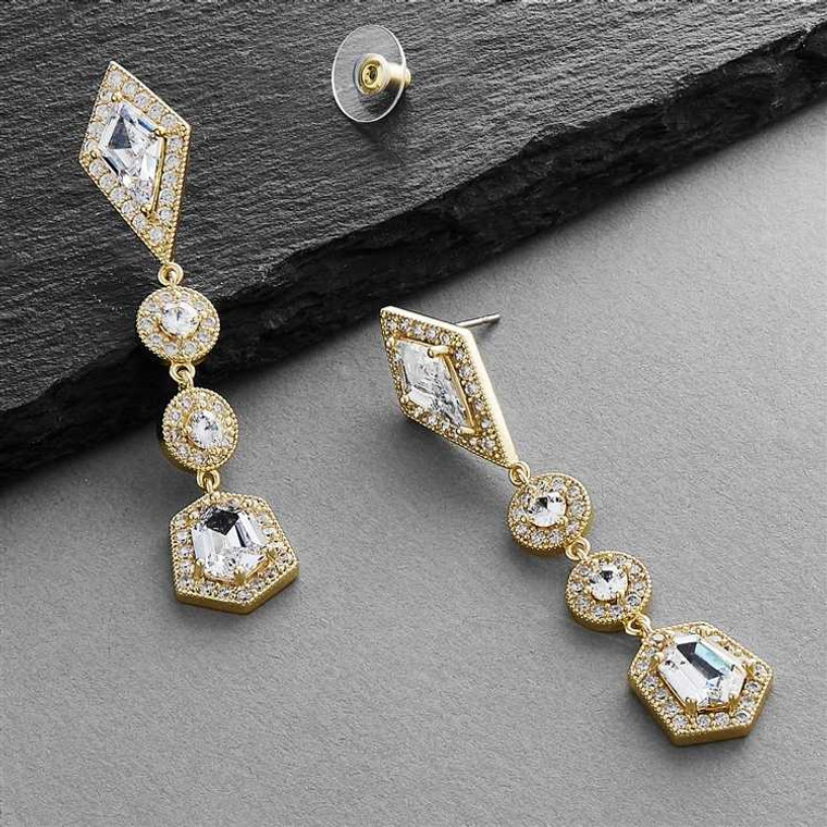 Empress and Noble Cut CZ Wedding Gold Dangle Earrings