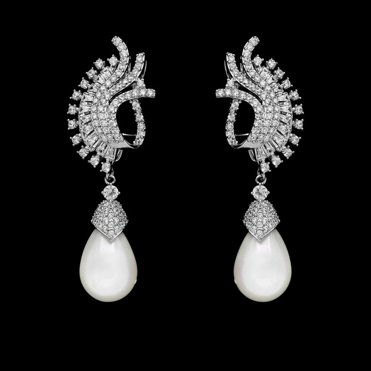 Pearl and CZ Crystal Wedding and Formal Earrings