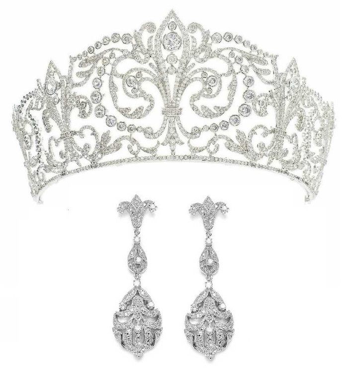 Grand Fleur-de-Lys CZ Royal Wedding Tiara with CZ Earrings