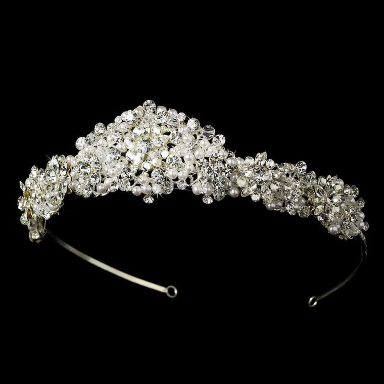 Brilliant 1 3/4" Tall Pearl and Crystal Floral Wedding Tiara