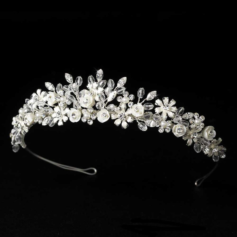 Pearl and Crystal Wedding Tiara with Porcelain Flowers