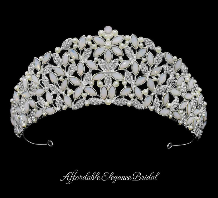 Opal, Pearl and Rhinestone Wedding and Quinceanera Tiara Crown