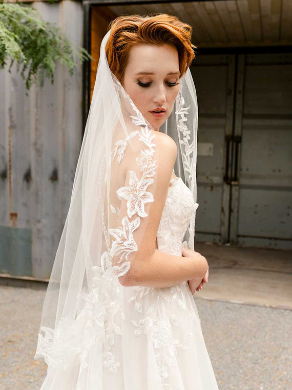 Fingertip Wedding Veil Sequined Lace Edge Envogue V2288SF