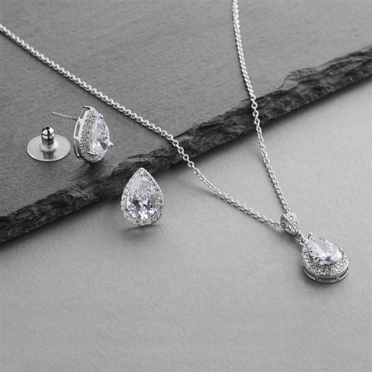 Brilliant Silver Plated Pear Shape CZ Bridal and Bridesmaid Jewelry