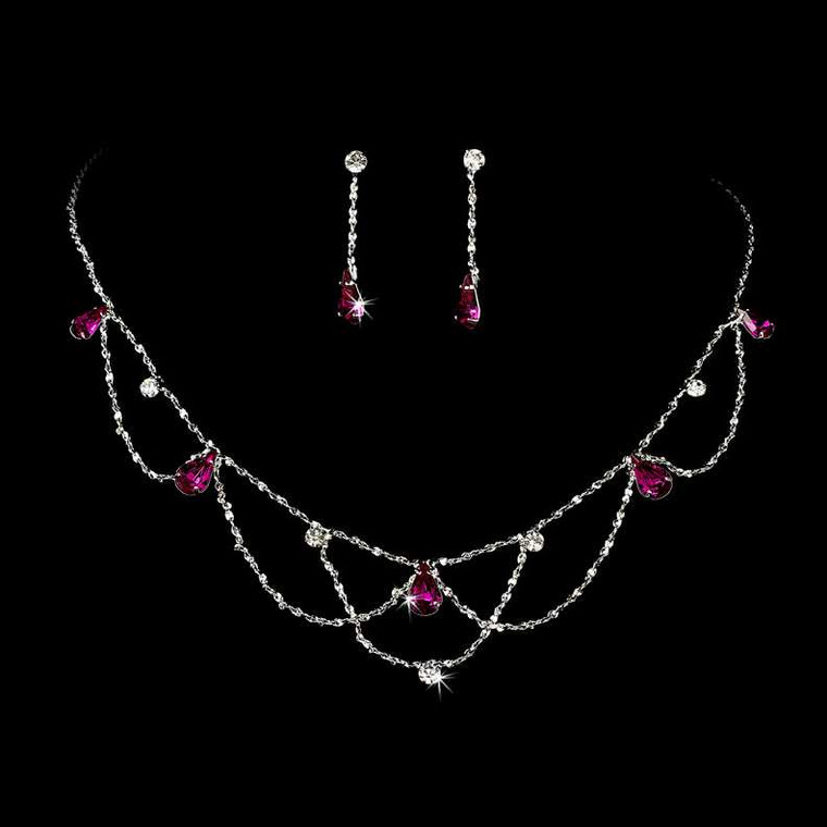 Fuchsia Pink Crystal Teardrop Crystal Wedding or Prom Jewelry Set
