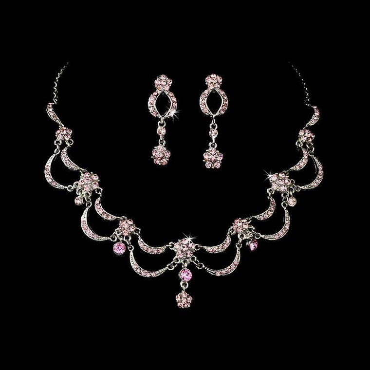 Antique Silver Plated Pink Crystal Wedding Jewelry Set