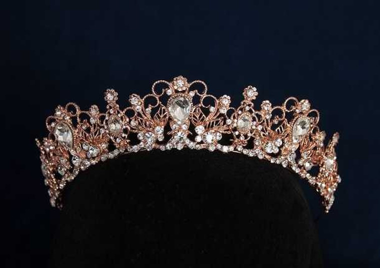 Regal Rose Gold Rhinestone Wedding and Quinceanera Tiara Crown