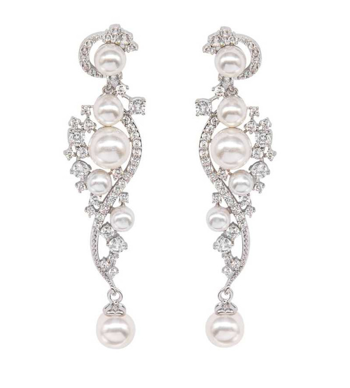 Stunning CZ and Pearl Wedding Drop Earrings E499S