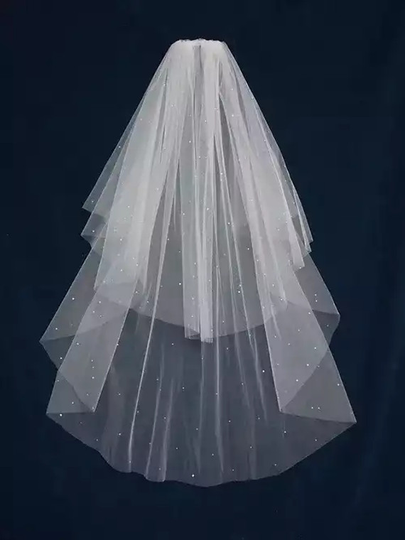 Two Layer Knee Length Wedding Veil with Pearls and Rhinestones CF267