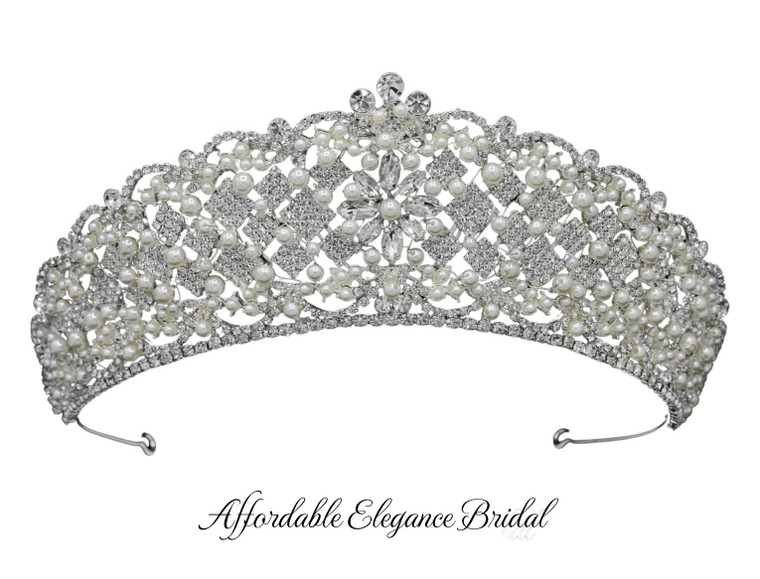 Stunning Pearl and Crystal Wedding Tiara in Silver Plating