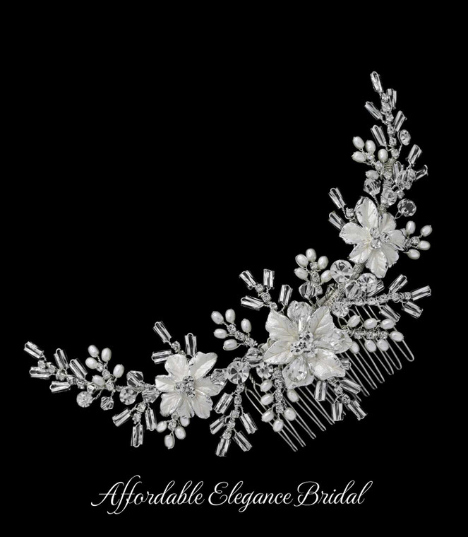 Pearl and Crystal Floral Bridal Back Comb c8597