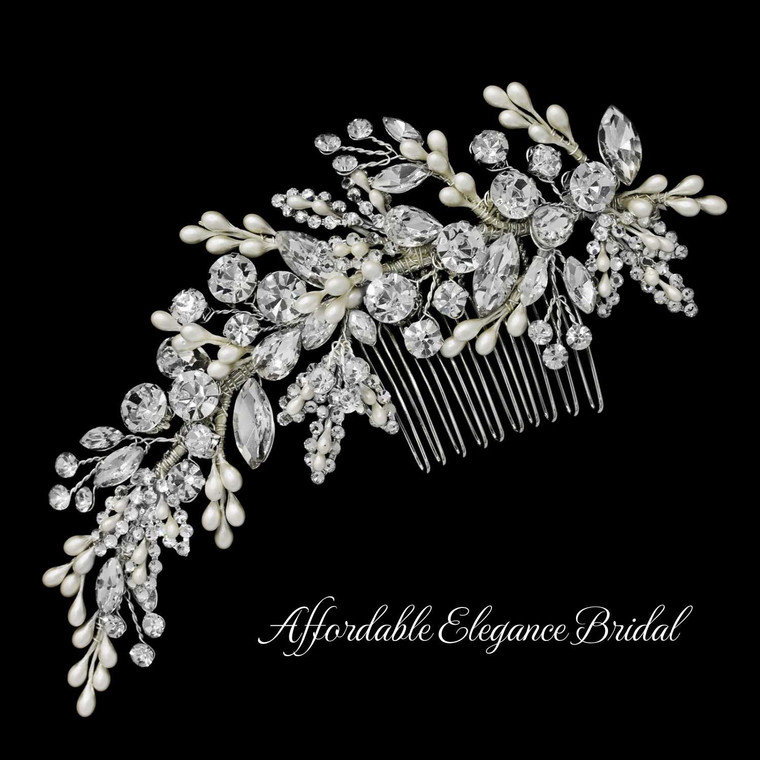 5" Long Pearl and Crystal Bridal Comb c6789