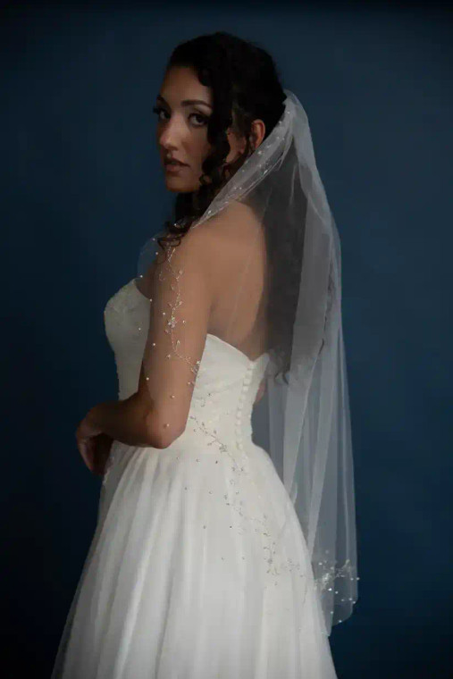 Fingertip Wedding Veil with Floral Swirl Beaded Edge