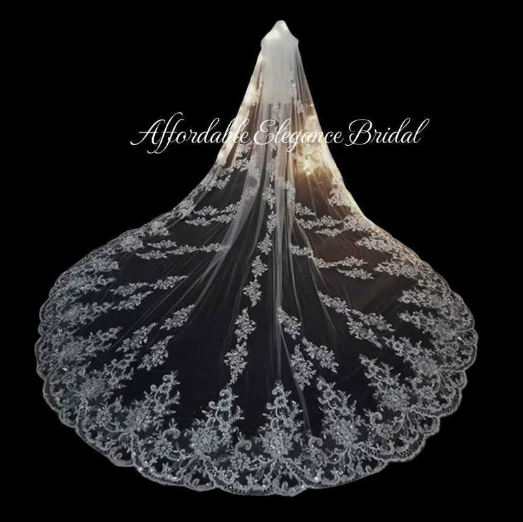 196" Regal Cathedral Wedding Veil with Sequined Floral Lace