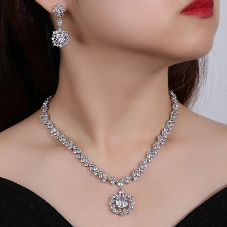 5A CZ Platinum Plated Pendant Wedding and Formal Jewelry Set