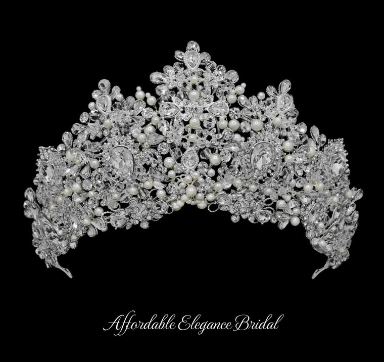 Exquisite Extra Tall Crystal, Pearl and Rhinestone Wedding Tiara