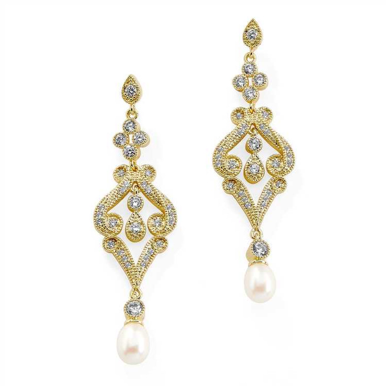 14K Gold Vintage CZ Scroll Bridal Earrings with Freshwater Pearl Drop