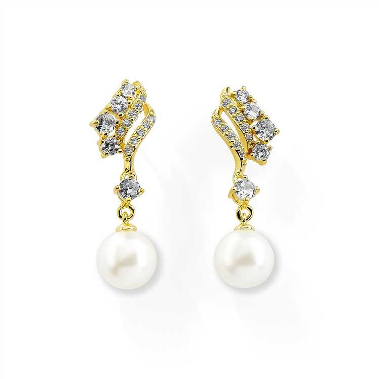 14K Gold CZ and Soft Cream Pearl Bridal Earrings - Pierced or Clip On