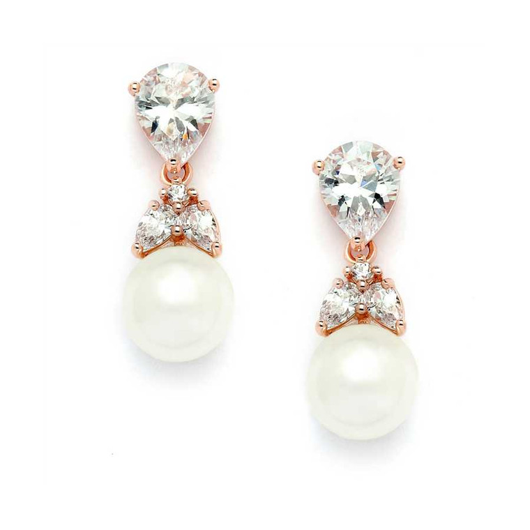 14K Rose Gold CZ and Cream Pearl Bridal Earrings - Pierced or Clip On