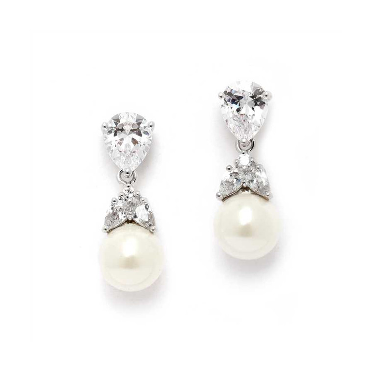 CZ and Cream Pearl Bridal Earrings - Pierced or Clip On