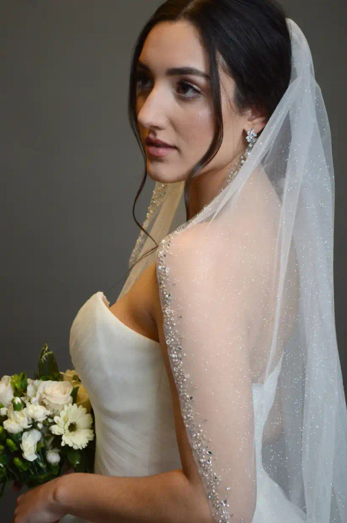 Glitter Tulle Fingertip Wedding Veil with Pearl and Crystal Edge V739S