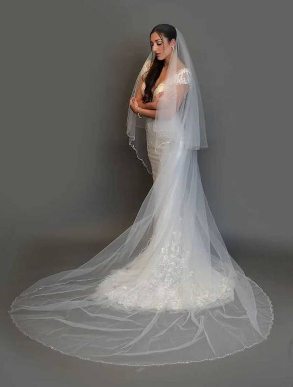 Two Layer Beaded Edge Royal Cathedral Wedding Veil Elena VE1349