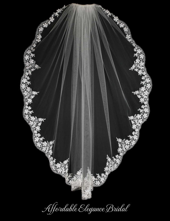 Fingertip Wedding Veil with Beaded Floral Lace V5372