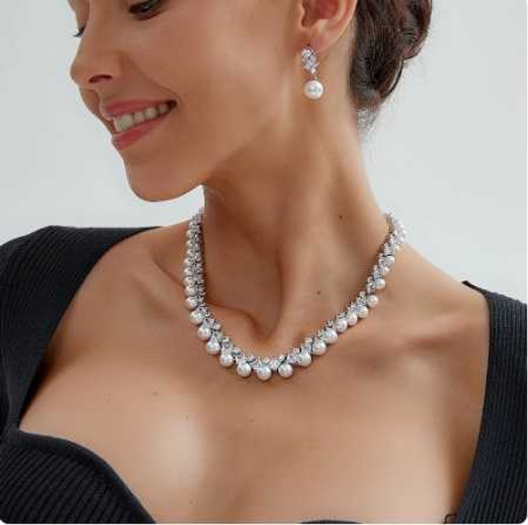 Pearl and 5A CZ Platinum Plated Wedding Jewelry Set ne10130