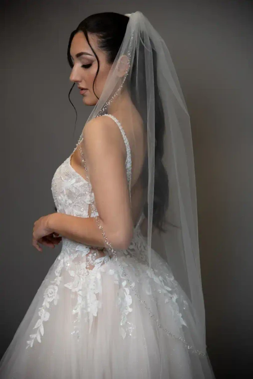 Pearl Beaded Fingertip Wedding Veil V754 in White or Ivory