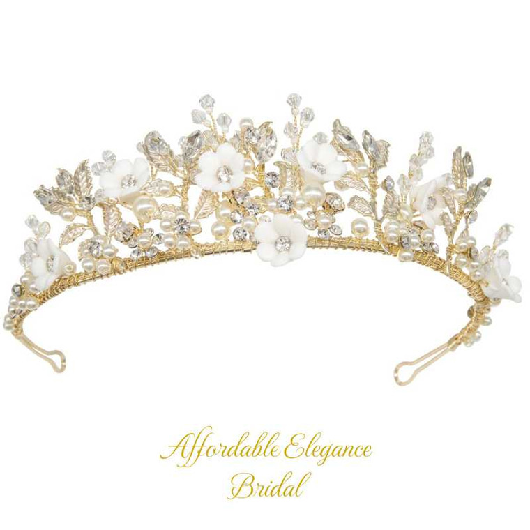 Gold Plated Porcelain Flower Crystal and Pearl Wedding Tiara Gold Plated Porcelain Flower Crystal and Pearl Wedding Tiara