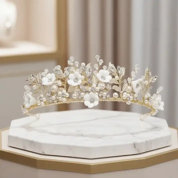 Gold Plated Porcelain Flower Crystal and Pearl Wedding Tiara