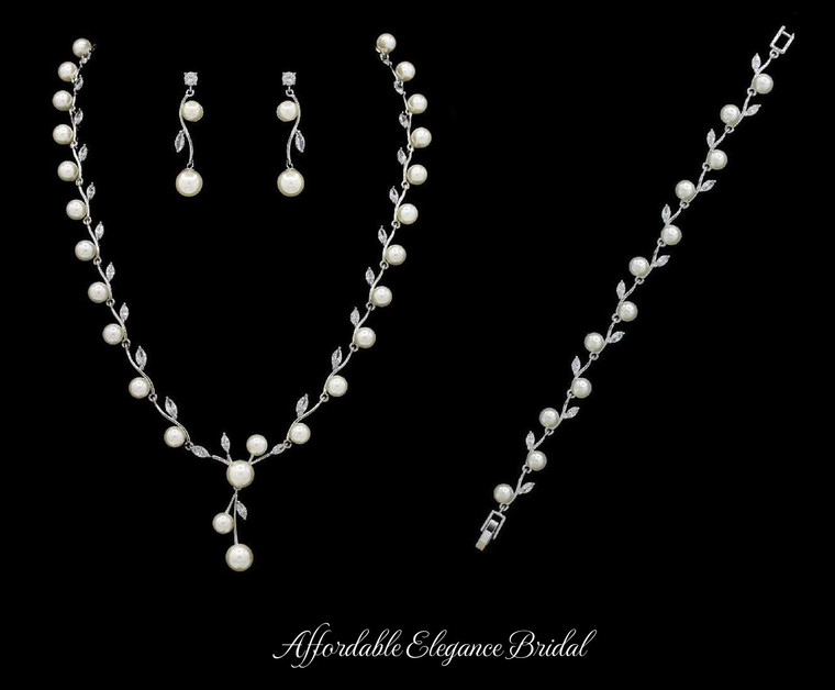  Pearl and CZ Wedding Jewelry Set with Bracelet - Silver or Gold