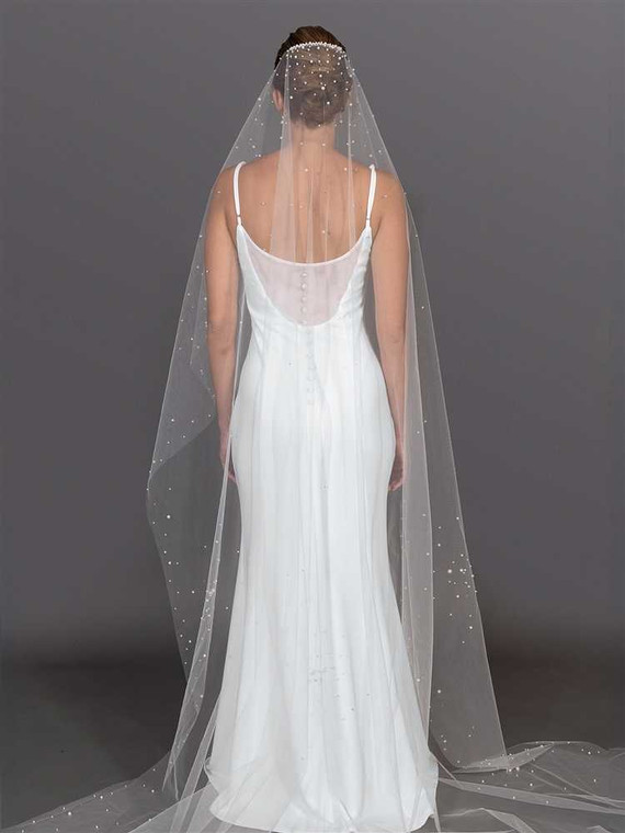 Scattered Pearl and Crystal Royal Cathedral Wedding Veil V4706