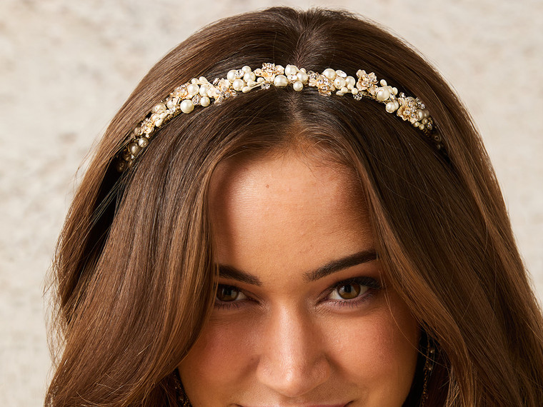 Gold Plated Floral Pearl Bridal Headband Tiara Envogue T2519