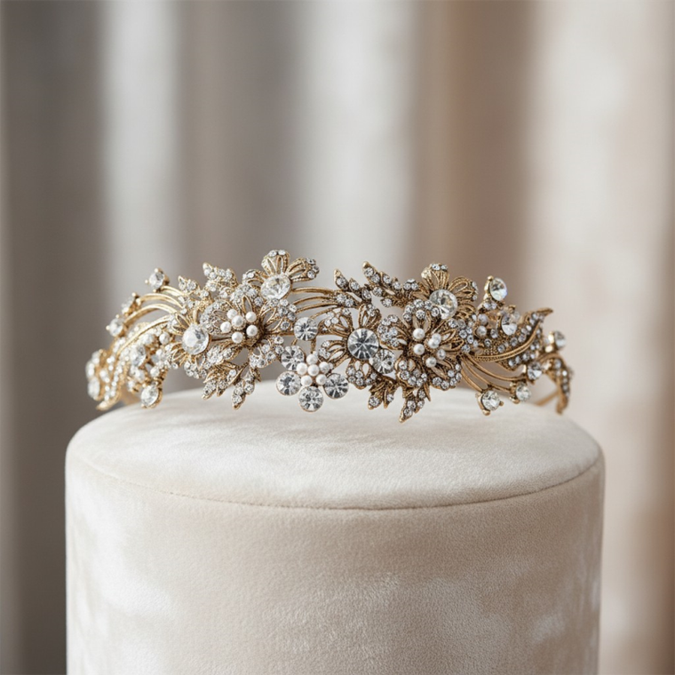 Elegant Pearl and CZ Wedding Headband in Silver or Gold Plating