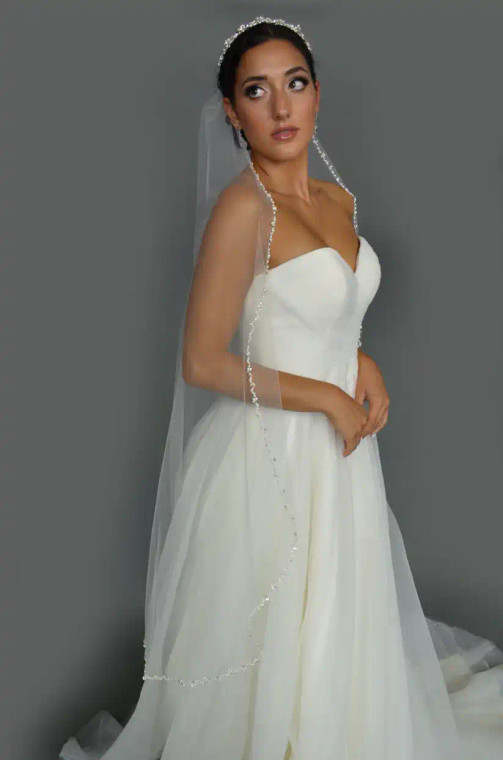 50" Long Wedding Veil with Pearl and Crystal Beaded Edge