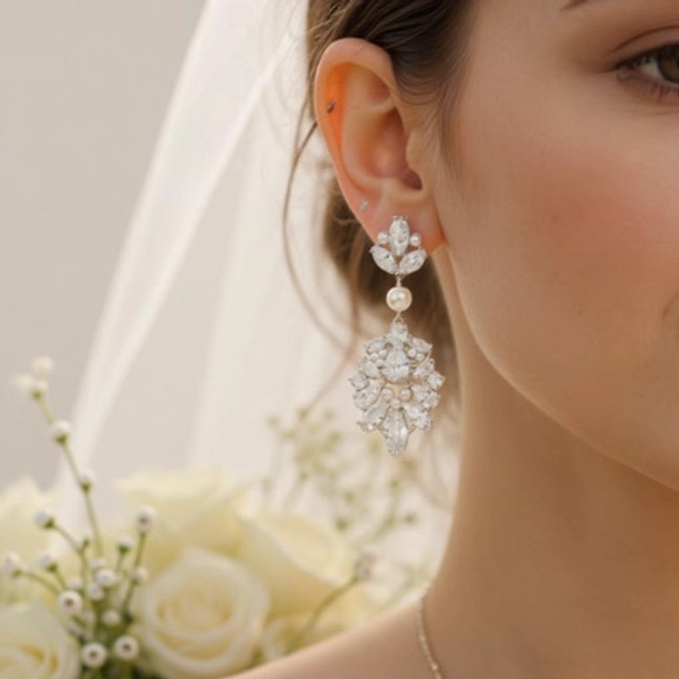 Luxurious 2" Long Pearl and CZ Wedding Earrings 9889