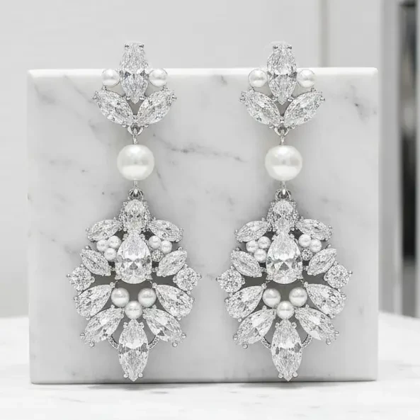 Luxurious Pearl and CZ Wedding Earrings Athena 9889