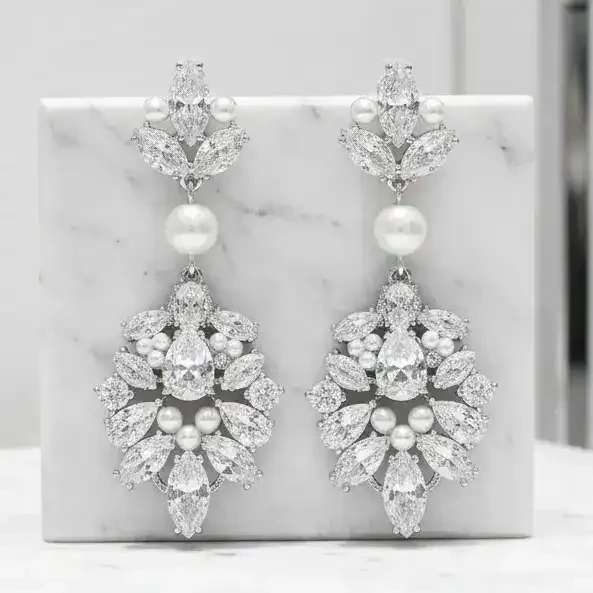 Luxurious Pearl and CZ Wedding Earrings Athena 9889
