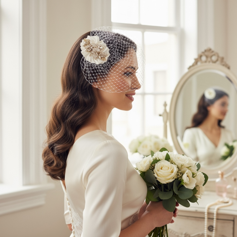 Vintage Luxe Birdcage Wedding Veil with Silver or Gold Crystal Clip